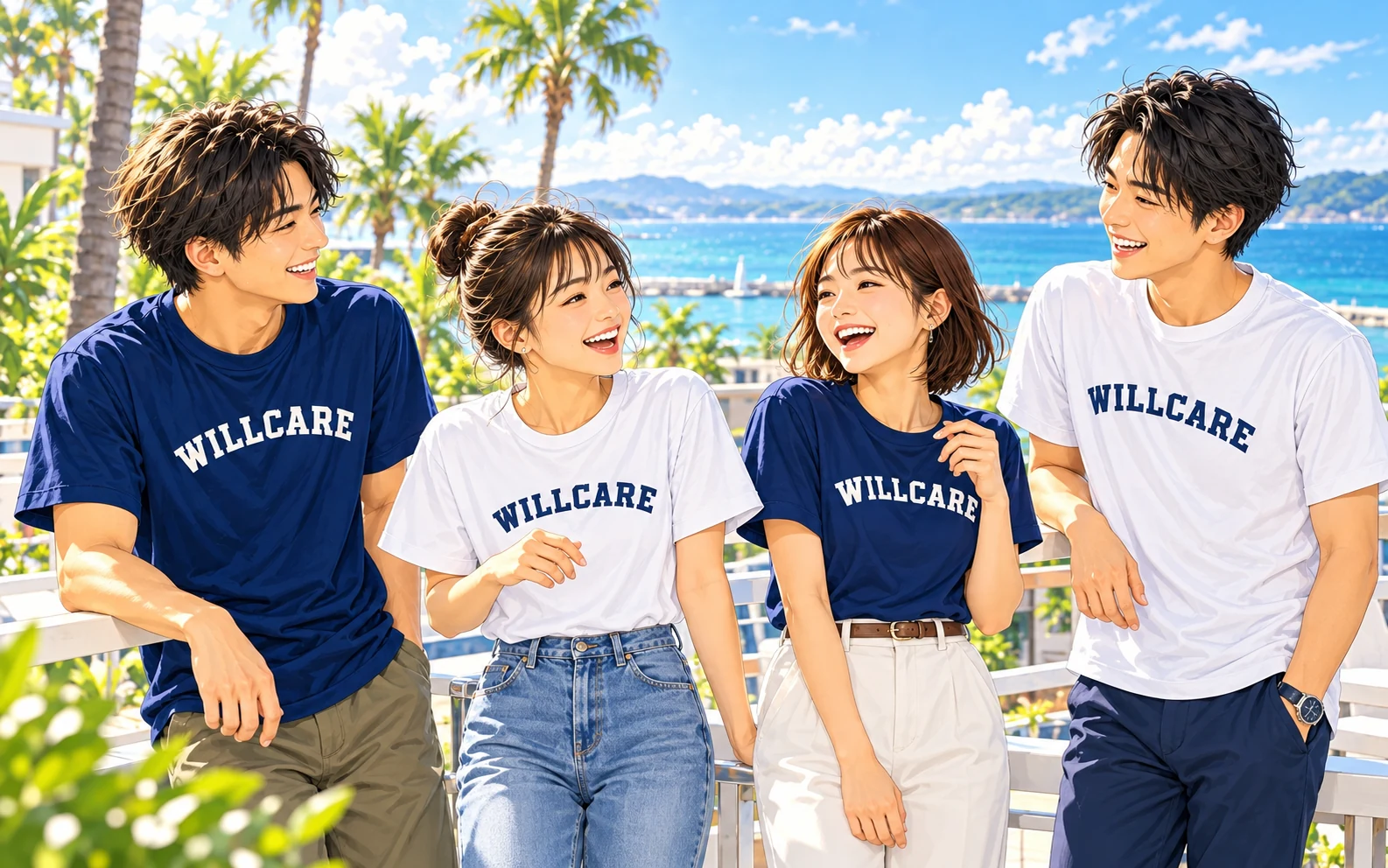 海を望むテラスで笑い合うWILLCAREの仲間