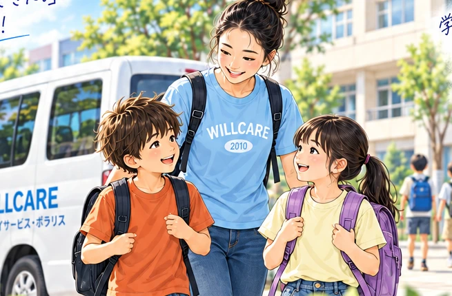 学校へお迎えに行くスタッフ