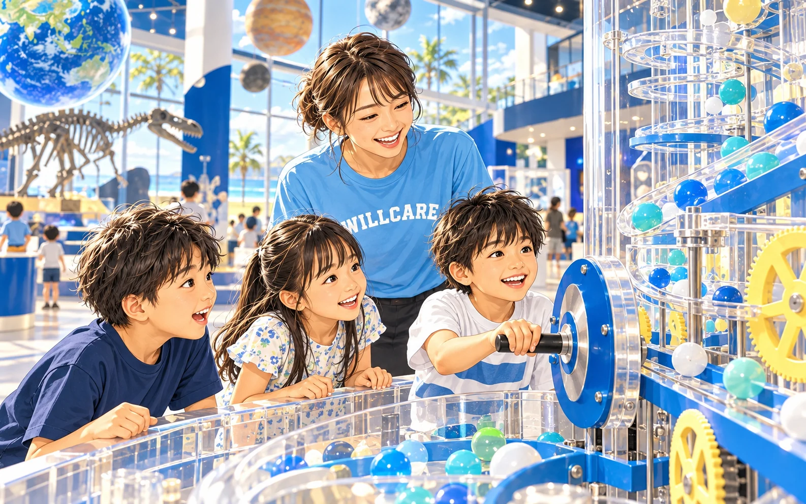 科学館の体験展示に挑戦する子どもたち