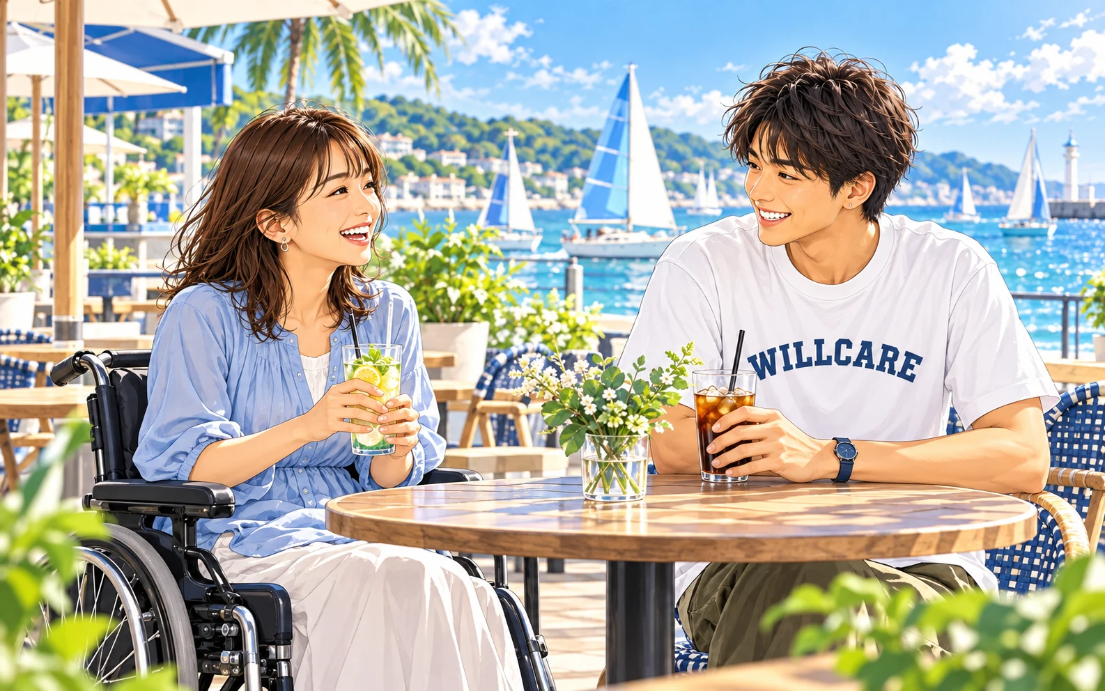 海辺のカフェで対等に語り合う利用者さんとスタッフ