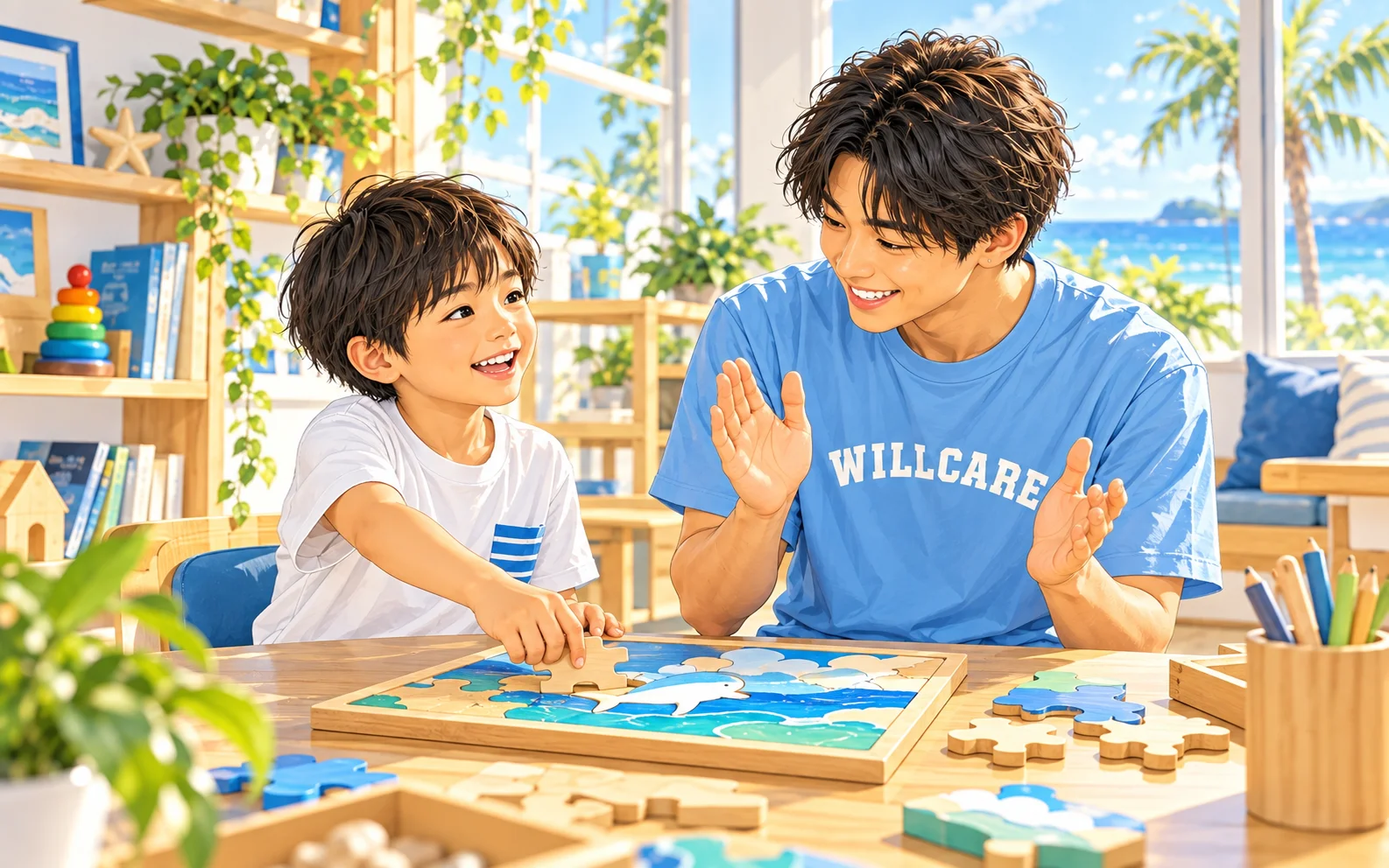 小さな成功を一緒に喜ぶ子どもと療育スタッフ