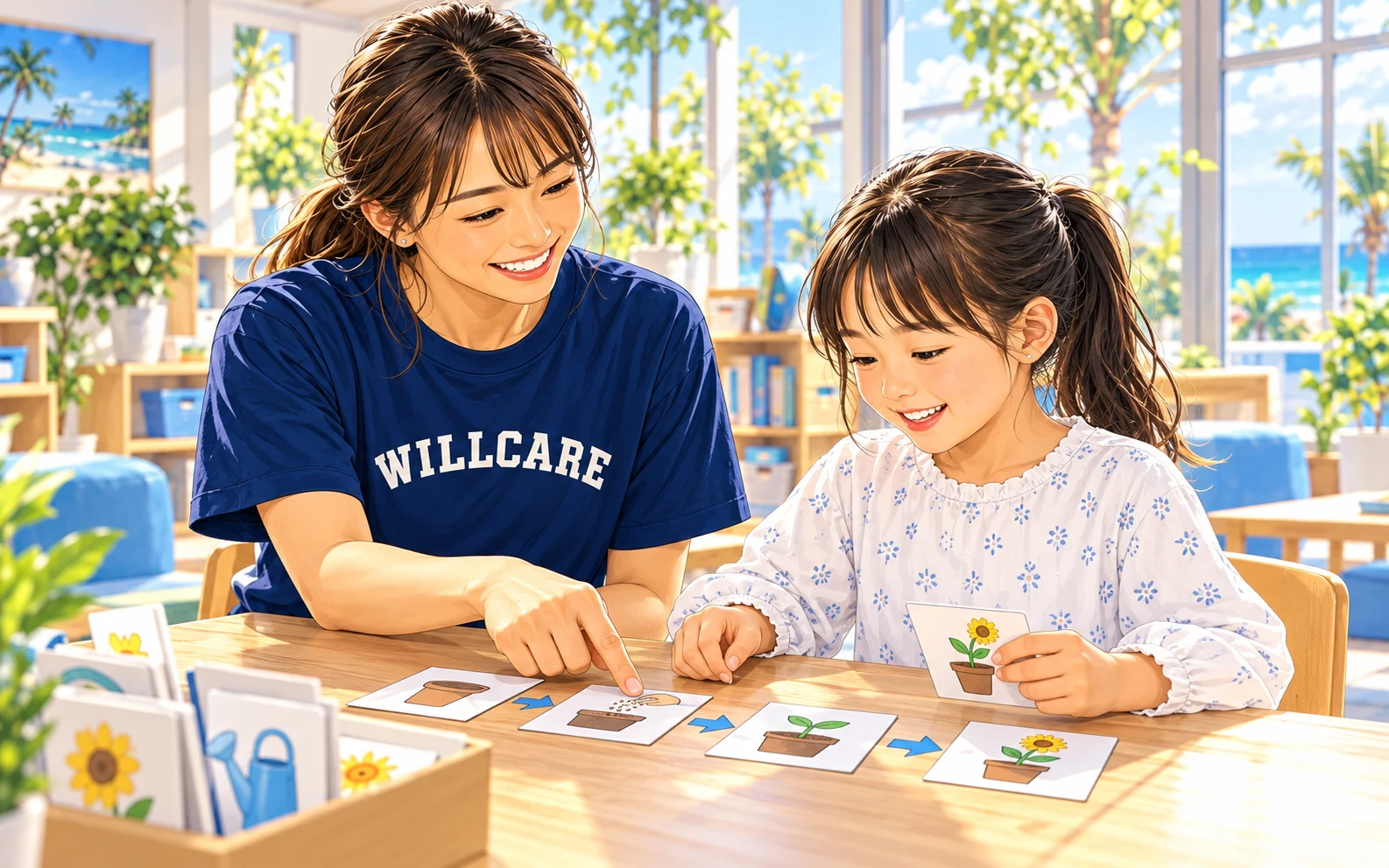 一対一で順序のカード課題に取り組む子ども