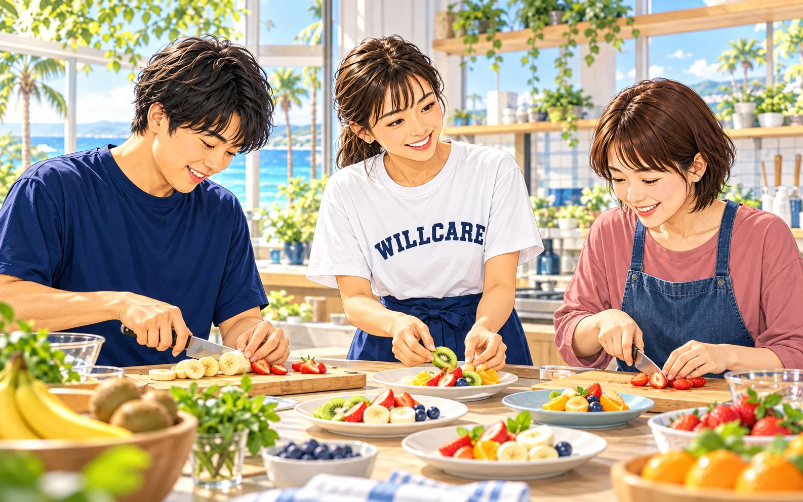 おやつ作りを一緒に楽しむ生活介護スタッフ