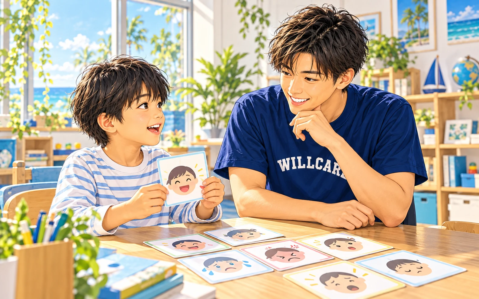 気持ちのカードで対話する子どもと個別療育スタッフ