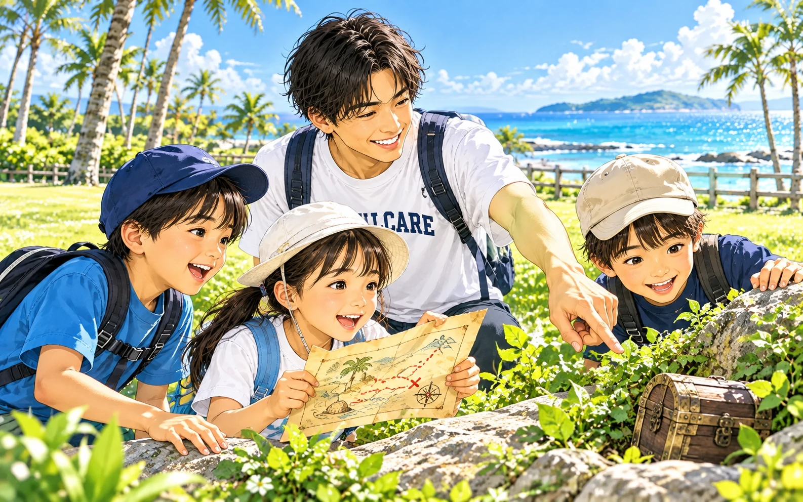 公園で地図を見ながら探検を楽しむ子どもたち