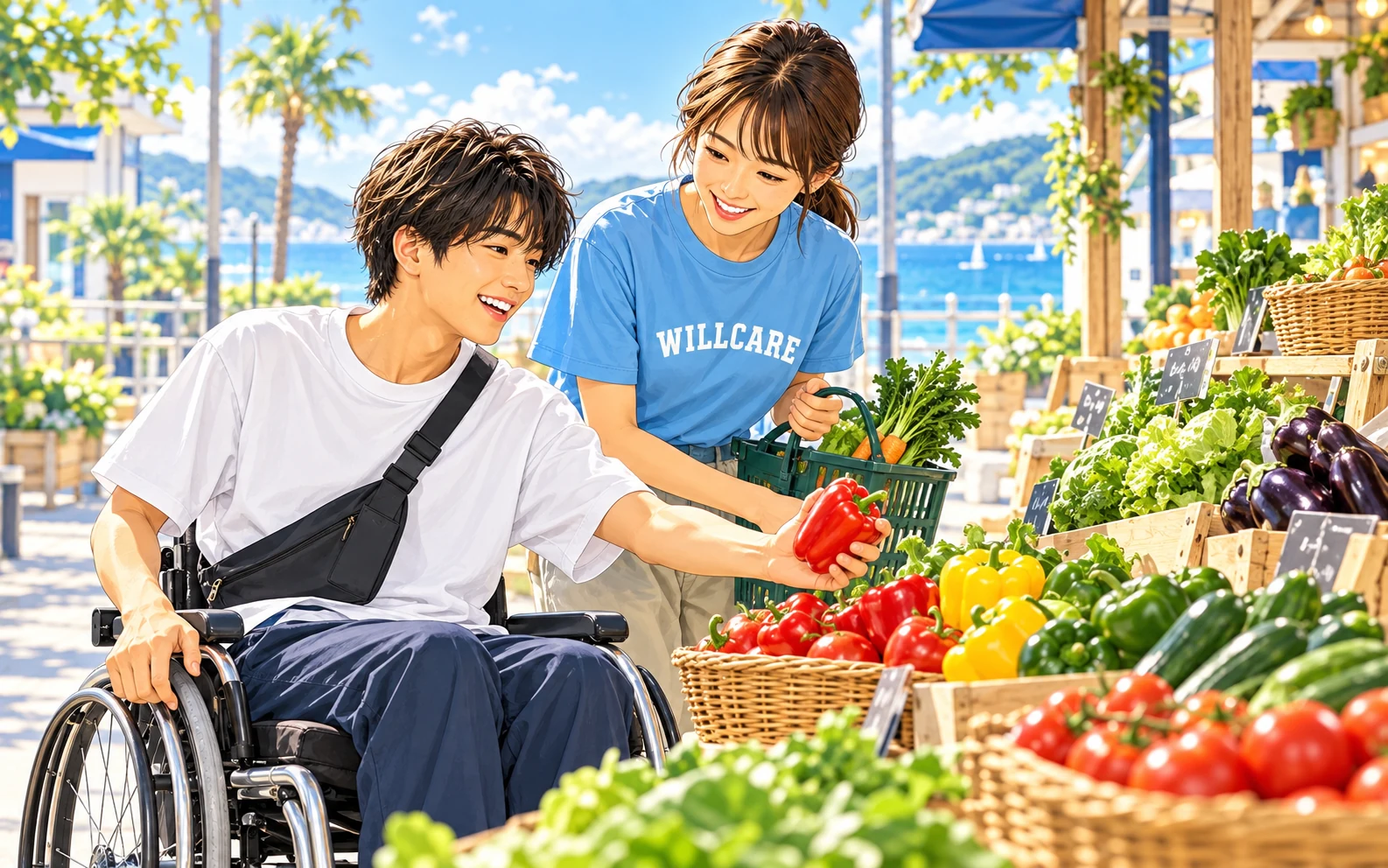 地域のお店で買い物を楽しむ利用者さんとスタッフ
