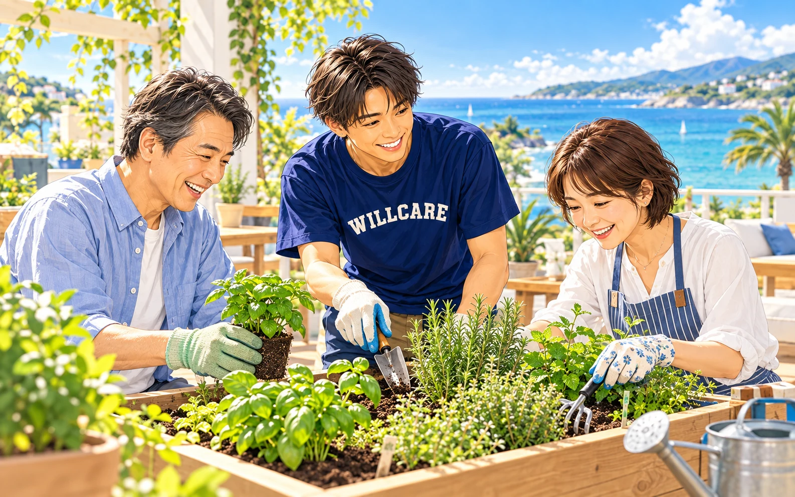 テラスでハーブを育てる利用者さんとスタッフ