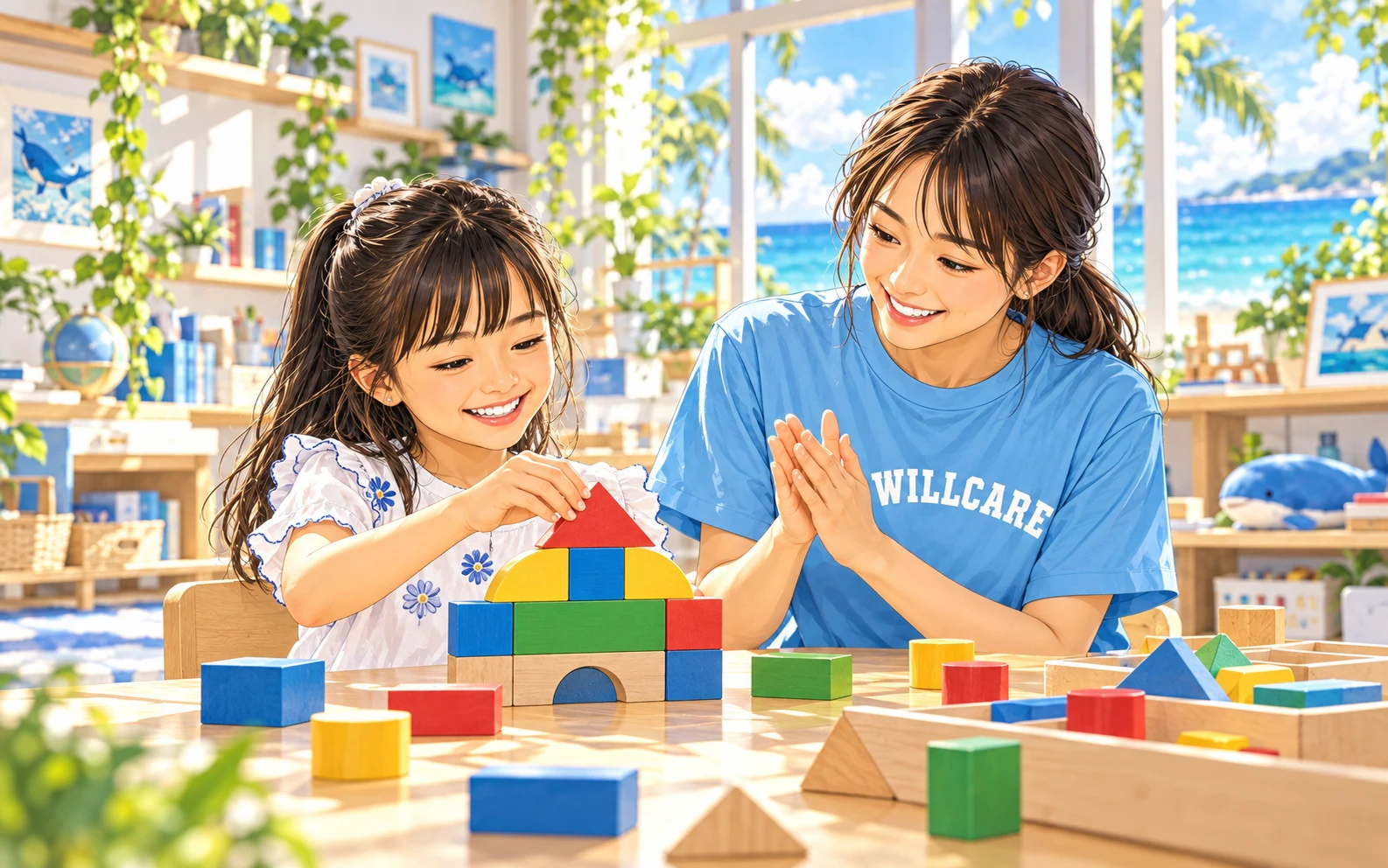 積み木の課題に取り組む子どもと個別療育スタッフ