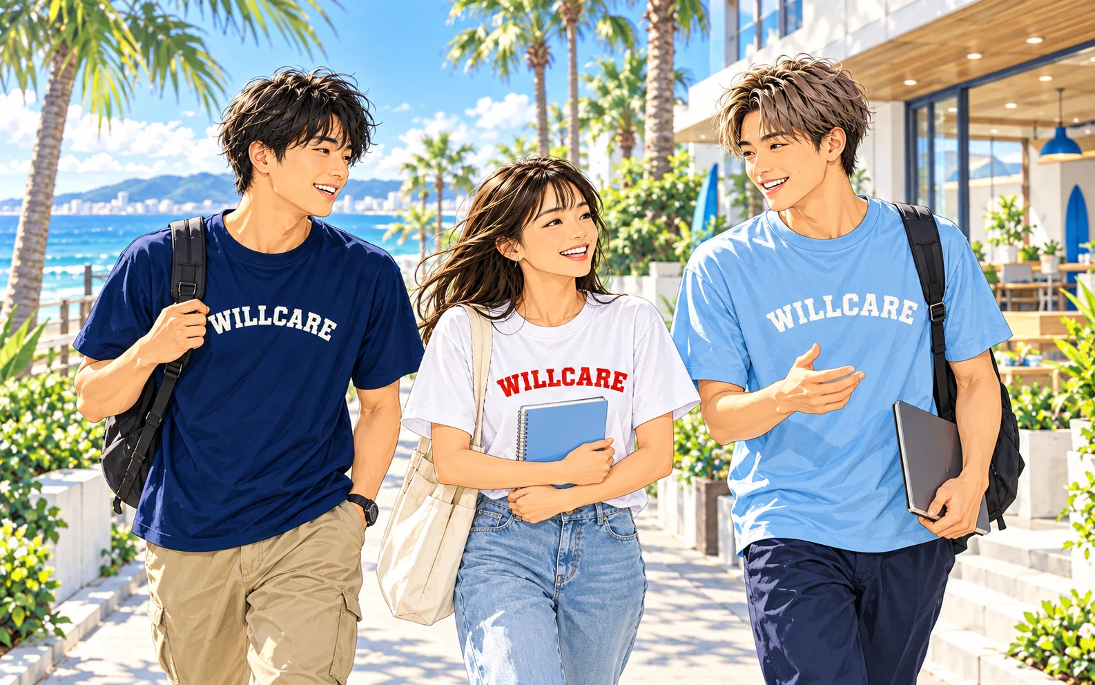 海辺の職場へ向かう笑顔のスタッフ